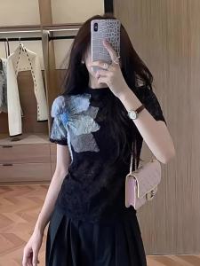 Black Printed Round-neck Short Sleeve Slimming T-shirt