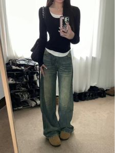 Quần Jeans Ống Rộng Dài Cạp Cao Phong Cách Đường Phố Mỹ Cho Nữ Thu Đông Quần Ống Rộng Dài Đến Sàn Cao 175 Cm