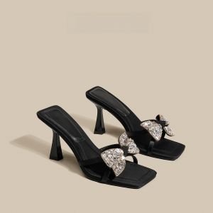 Pebandi Elegant Black Rhinestone Butterfly Knot Toe-Open High Heel Sandals Women Summer Outdoor Square Head Thin Heel Slippers