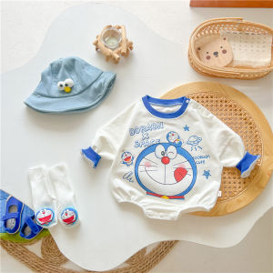 BestBorn 0-2 year old Baby Clothing Set Boys and Girls Cartoon Romper Triangle Wrap Buttocks Blue Doraemon Jumpsuits Baby Suit