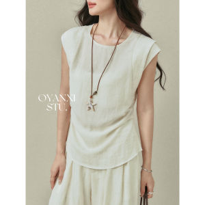OUYANGXI | Bộ Áo Crop Top Tròn Cổ Không Tay và Quần Ống Rộng