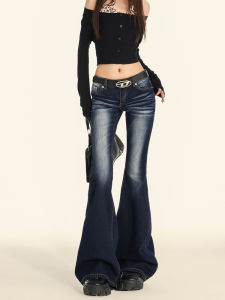 American Style Low Waist Bell Bottom Jeans Womens New 2025 Retro Washed Slim Fit Elastic Floor Length Flared Pants