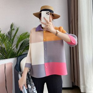 Women Pleated Blouse Three-Quarter Sleeve Covering Belly Thin Single-Breasted Blouse Collar JL001