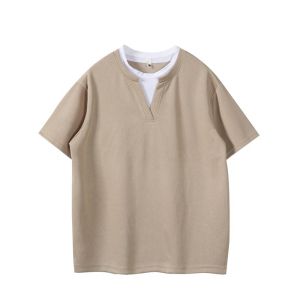 American Style V-Neck Short Sleeve Fake Two-Piece T-Shirt Cleanfit High-End Feeling Five-Quarter Sleeve Summer Trendy Brand Youth Casual Breathable Thin Polyester Fiber Short Length Solid Color