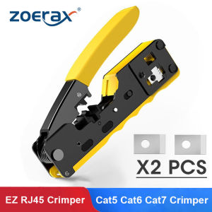 ZoeRax RJ45 RJ11 Pass Through Crimping Tool for Cat7/6A Cat6/5 Ethernet Modular Plugs Connectors With Stripper and Spare Blade