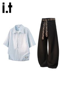izzue | Mens Summer Two-Piece Style Stripe Shirt and Pants Set