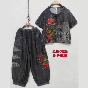 Loose Womens Denim Embroidered Set Summer 2025 New Style Washed Cotton Two-Piece Suit Casual Comfortable Female Fashion