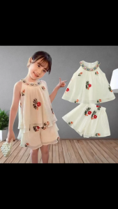 SETELAN ANAK PEREMPUAN CANTIK 2IN1 BLOUSE SIFON BORDIR BUNGA DAN CELANA PENDEK