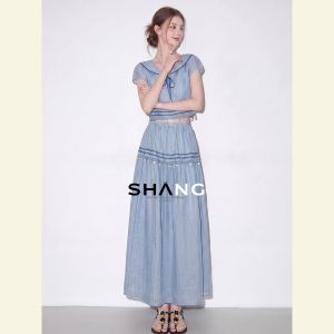 SHANGSHA | Navy Style French Elegance Linen Dress Set