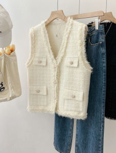 Small Fragrance Style Knitted Vest Womens Autumn Winter New Fashion Water Rabbit Fur Sleeveless Jacket V-neck Single Button