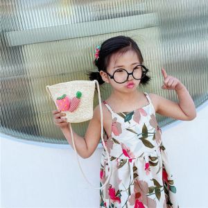 LINSBAYWU สาวๆ มินิ ดอกเดซี่ เด็กๆ เจ้าหญิง กระเป๋าสะพายข้าง กระเป๋าสะพายข้างฟาง ทำด้วยมือ กระเป๋าถือ