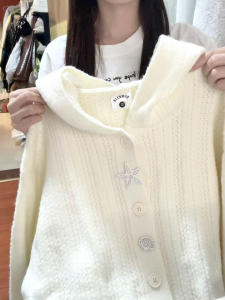 Áo Len Cardigan Dệt Kim Mềm Mại Màu Trắng Cho Nữ Mùa Thu Rộng Rãi Có Mũ Trùm Đầu Kiểu Dáng Đơn Giản Cổ Tròn Tay Dài