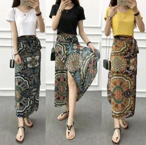 One Piece Lace Up Floral Chiffon Skirt for Women Summer New Vacation Mid Length Loose Beach Skirt