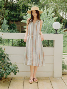 ForPoem Original Design 100% Linen Stripe Loose V-neck Sleeveless Hanging Neck Dress Womens Long A-line Skirt Style Summer Dress