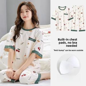 Womens Summer Sleepwear Set with Built-in Bra Pads Pure Cotton Short Sleeve Seven-Piece Pants Home Clothes Two-Piece Suit