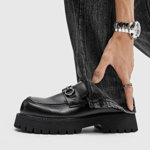 2025 New round Toe Casual Loafers Thick Bottom 5cm Heightening Mens Dark Metal Slip-On Derby Shoes Fashionable Youth Style