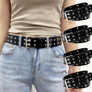 เข็มขัดหนัง Y2K หมุดย้ำสไตล์พังก์สำหรับผู้หญิงผู้ชายหนังพียูสีดำสีขาวสายรัดเอวสองแถวกลวงทันสมัยกระโปรงยีนส์ตกแต่ง