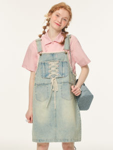 Lolol Retro Anti-Aging Small Denim Suspender Skirt Outfit Womens Loose A- line Dress Short Skirt Summer