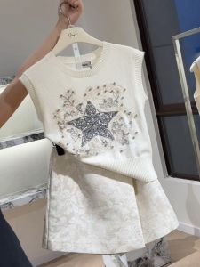 French Heavy Embroidery Print Sleeveless Knitted Sweater Womens Summer New Style Slimming Versatile Top round Neck Pullover