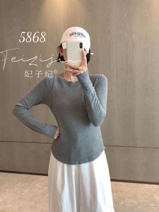 High Elasticity Long Sleeve Flocking Base Shirt round Neck Womens Inner Wear Top High Elasticity Warmth Casual Pure Color
