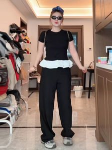 plus Size Ballet Style round Neck Short Sleeve T-Shirt Women Summer Slimming Patchwork Ruffle Detail Fitted Top Korean Style