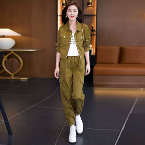 Early Autumn Casual High Waist Long Sleeve Sporty Style Two-Piece Set Polyester Fiber Button Closure Fashionable Ensemble