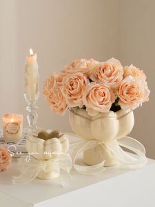 Bình Hoa Gốm Sứ Kiểu Pháp Đơn Giản Hiện Đại Bằng Bột Cỏ Hoa Hồng Bình Hoa Trang Trí Bàn Ăn Bằng Gốm Sứ Màu Kem