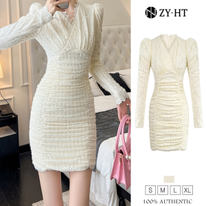 ZY.HT EraVogue Womens Dresses Cream Dresses Long Sleeve V-neck Dress Lace Dress High Society Dress Vintage Dress Party Dress French Dress 40211