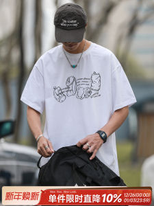 Hand-Painted Digital Print American Style Mens T-Shirt Short Sleeve Loose Fit Spring Summer Fashion Casual Cotton Top
