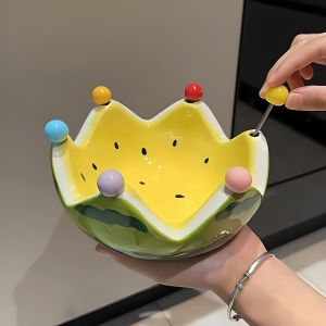 Creative watermelon-shaped fruit serving plate 2-in-1 design with 6 fruit forks and a bright ceramic fruit bowl.