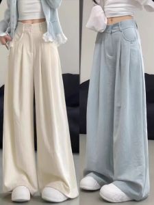 High Waist Loose Casual Ice Silk Wide Leg Pants Womens Suit Trousers Summer 2025 New Bf Lazy Style Drapey Polyester Fiber