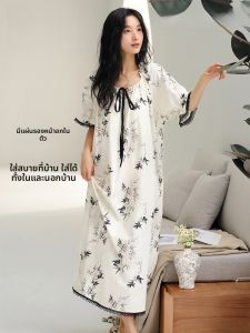 MiiOW | ชุดนอนผู้หญิงแขนสั้นผ้าฝ้ายแท้ฤดูร้อน 2025 คอกลม กระโปรงยาวปานกลาง เสื้อคลุมบ้านสบายๆ