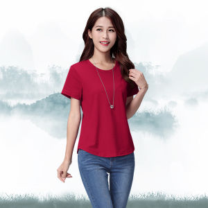 Korean Style Loose Fit Solid Color Short Sleeve Womens T-Shirt round Neck Casual Top for Spring Summer Slimming Base Shirt