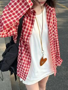 Áo Sơ Mi Kẻ Caro Màu Đỏ Phong Cách Hàn Quốc Dành Cho Nữ Dáng Rộng Dài Tay Mặc Đi Làm Cổ Polo Tay Áo Thường Chống Tia UV