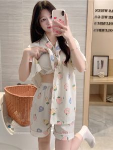 Sweet Vale Insured Cotton Linen Blend Pajamas Set for Women Summer Short Sleeve Sweet Style Home Clothing with Chest Pad