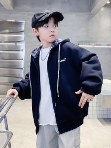 Thickened Cotton Hooded Jacket for Boys Warm Autumn Winter Clothes Child Medium Large Sizes Blue Color Casual Style Zipper Closure