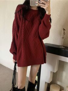 Red Twist Sweater Womens Loose Long Sleeve round Neck Winter New Years Fashion Comfortable Lazy Style Mid-Length Top