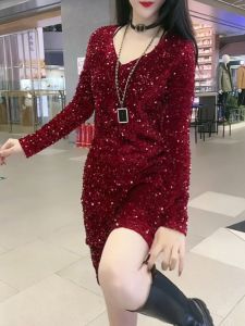 Shine Brighter New Year V-neck Midi Skirt Womens Fashion Sequin Slimming High Waist A-line Dress Commute Korean Style Polyester Long Sleeve
