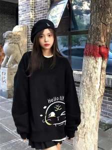 Junzi Snake Year Black round Neck Fleece Lined Hoodless Sweatshirt Womens Style Autumn Winter New Years Clothing Korean Version