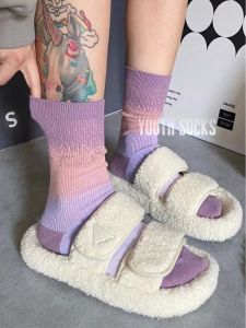 Japanese Style Double Needle Gradient Color Tube Socks Easiest for Match Dopamine Color Matching Male and Female Couple Socks Color Purified Cotton Stockings