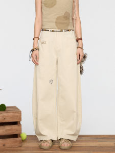 HOTHORSE Volcanic Horse Retro Loose Breathable Cartoon Embroidery Pure Cotton Washed Wide Leg Pants Casual Trousers