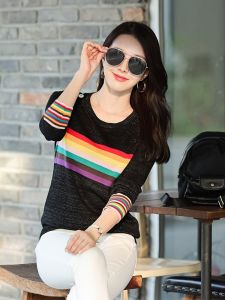 Áo Len Dệt Kim Dài Tay Màu Cầu Vồng Thời Trang Đi Làm Cổ Tròn Rộng Rãi Thường Ngày Mùa Xuân Thu Áo Len Dệt Kim Cotton Dành Cho Nữ