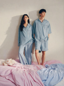 T-B-H | Soft Tencel Denim Couple Sleepwear Set with Cuban Collar Breathable Summer Loungewear for Men and Women