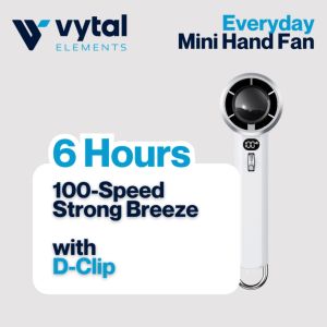 Vytal Elements USB-C 3000mAh Heavy Duty Mini Fan with 100-Speed Adjustable Breeze D-Clip for Easy Carry Long Battery Life with Charging Cable