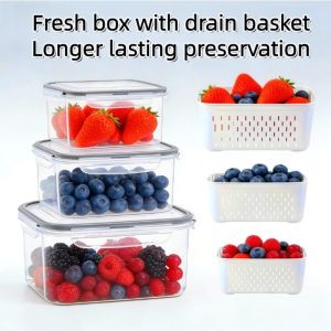 6 Set of Large-Capacity Refrigerator Fruit Preservation Containers Comes with a Detachable Drain Basket Sealed Food Storage Co