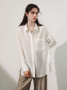 Miccbeirn | Elegant Long Sleeve Silk Cotton Embroidered Polo Neck Shirt Hollow Out Design Commute Versatile Simple Drapey Womens Blouse