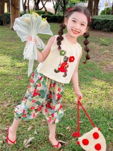 Floral Design Sleeveless T-Shirt and Pants Set Girls Two-Piece Suit