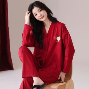 Red Sleepwear Womens Cotton Pajamas Spring Autumn Style Home Clothes Long Sleeve V-Neck Pure Cotton Home Comfortable Suit