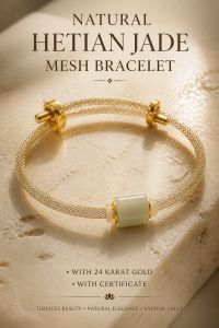 Natural Hetian Jade Mesh Bracelet with 24 Karat Gold and Certificate. Timeless beauty natural elegance lasting value.