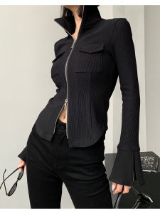 Fashionable Black Knitted Open Cardigan Sweater with Double Zipper Bell Sleeve Polyester Fiber High Collar Regular Sleeve Long Sleeve Slim Fit Style